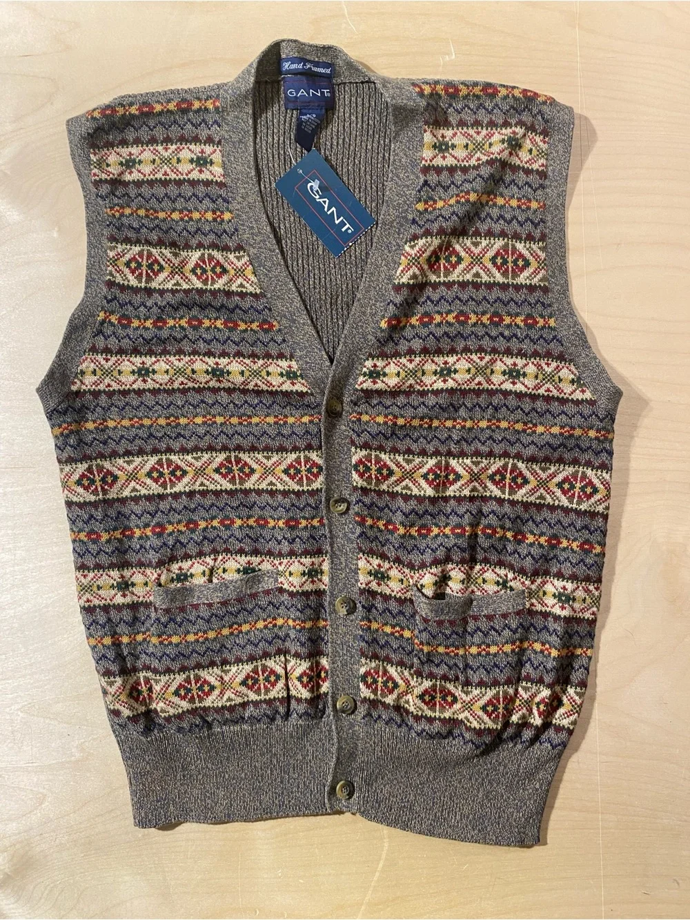 Gant Men's Gray-Brown Fair Isle Button Vest Large (SW)